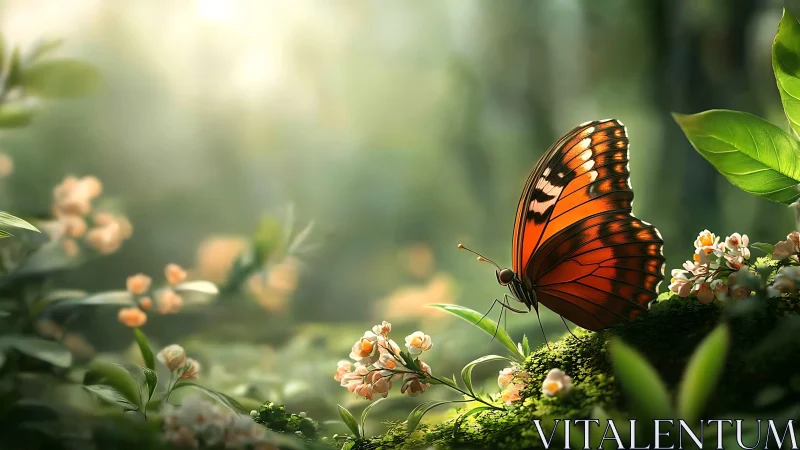 Orange butterfly on moss among small flowers in forest light.