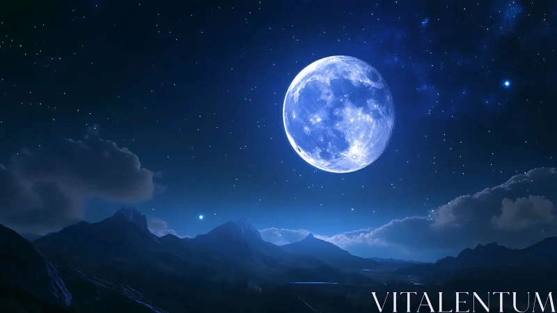 Large full moon above distant mountain range at night.