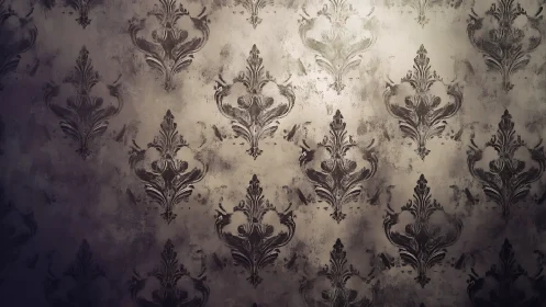 Vintage damask wallpaper with worn textured surface.