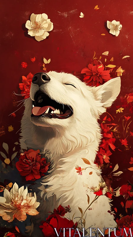 White dog head is rendered among red and white flowers