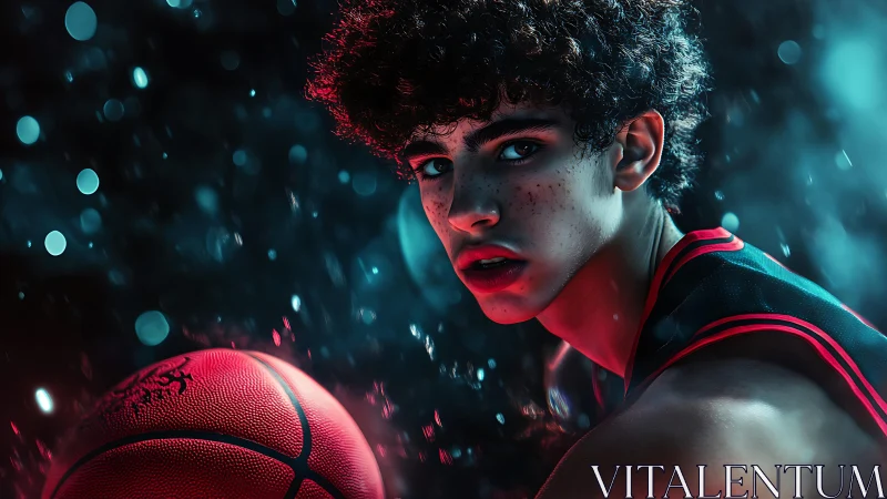 Neon-lit young basketball player portrait in intense focus.