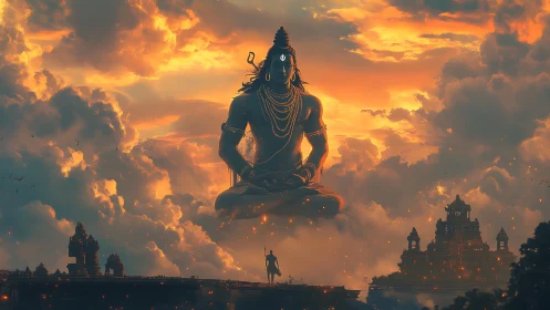Giant meditating deity figure hovers above temples at sunset