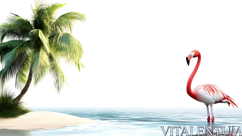 Pink Flamingo Strikes a Pose on Tropical Shore