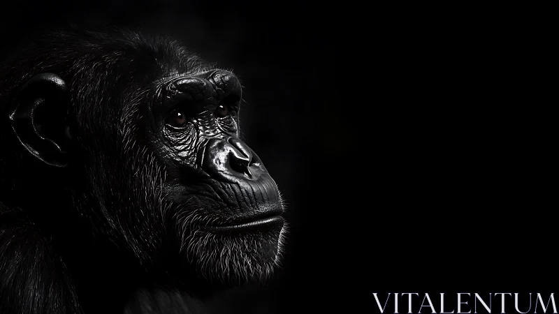 Chimpanzee profile glows against deep black negative space.