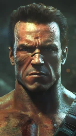 Battle hardened warrior gazes ahead with fierce resolve.