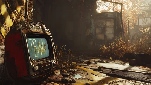 Photorealistic post-apocalyptic monitor in decayed atrium.