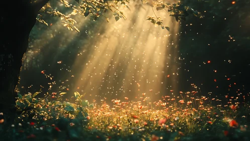 Sunlit forest clearing with floating particles and flowers.