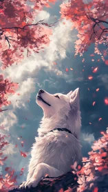 White canine under pink foliage against overcast sky.