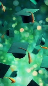Joyful graduation caps float upward in bright green light