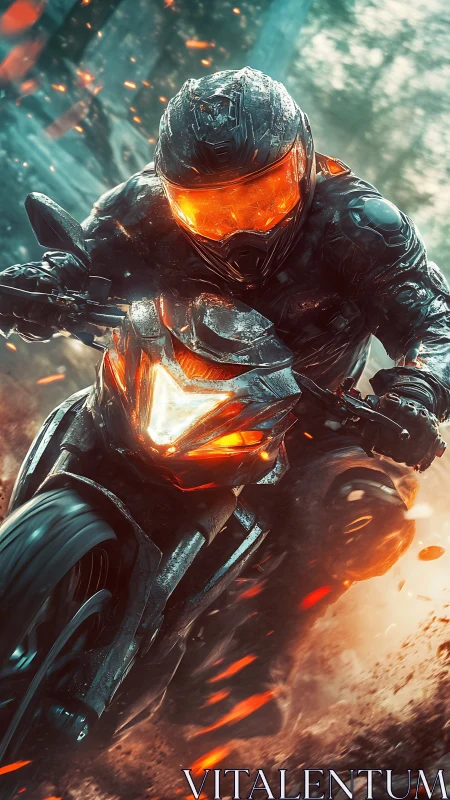 Futuristic armored rider powers through blazing storm.