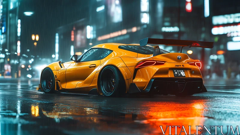 Yellow sports coupe on wet neon city street at night.
