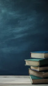 Stack of worn books against dark blue chalkboard wall.