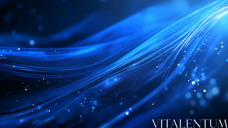 Blue abstract light waves with particles on dark background.
