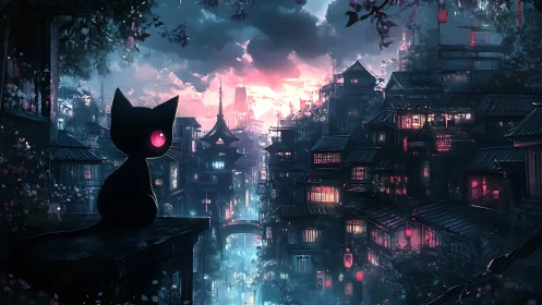 Curious black cat watching a dreamy neon city at dusk.