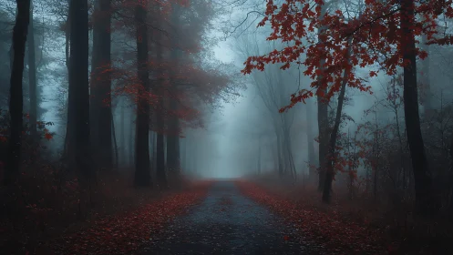 Atmospheric Pathway Through Misty Deciduous Forest with Crimson Autumn Foliage.