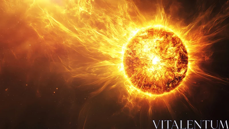 Fiery digital sun with erupting plasma flares in space.