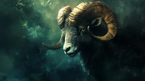 Astral bighorn ram portrait in teal nebular atmosphere