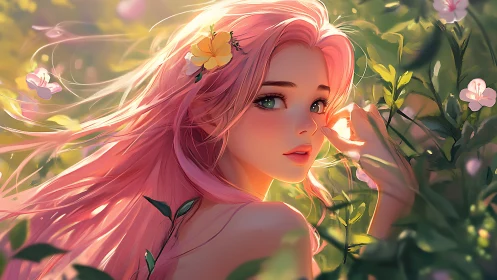 Backlit pink-haired girl rendered with soft-focus floral bokeh