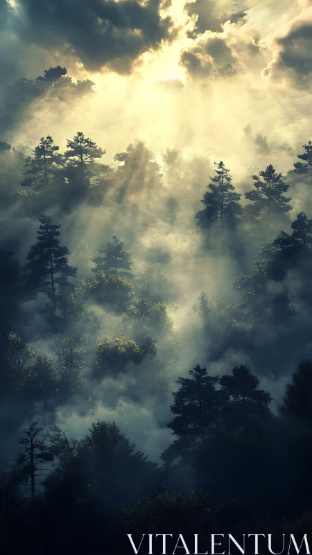 Atmospheric Volumetric Light Phenomenon Through Misty Forest Canopy with Crepuscular Rays