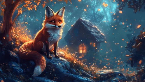 Enchanting fox rests by a glowing forest cottage at dusk.