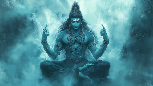 Digital painting of meditative blue deity in ethereal mistscape.