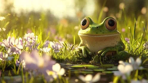 Digital frog render sits among flowers in shallow pond