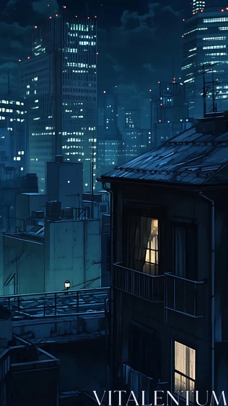 Solitary window glows against a brooding neon city night.