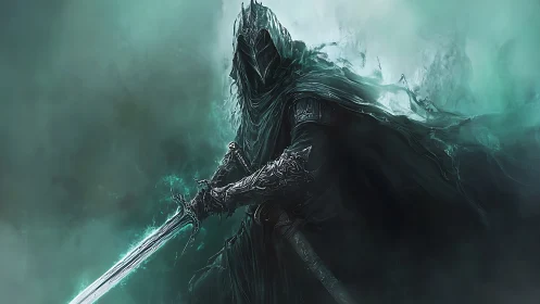 Dark wraith knight holds glowing sword in spectral fog