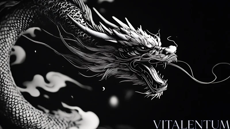 Monochrome dragon head rendered in detailed dynamic profile