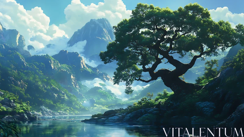 Bent old tree sketches poetry over mist-soaked mountains