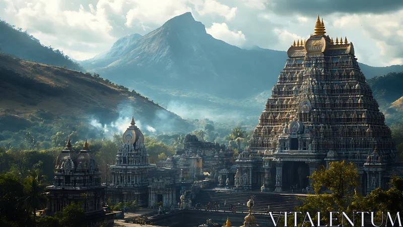 Majestic mountain temple complex rises amid misty valleys.