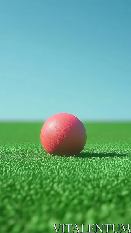 Textured pink sphere on synthetic grass under clear gradient sky