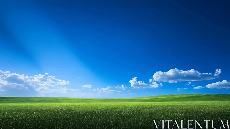 Grassy plain extends beneath deep blue sky with clouds