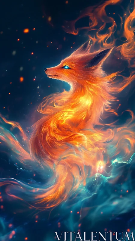 Volumetric flaming fox spirit with luminous cyan embers