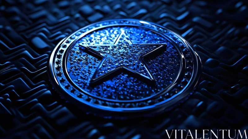 Metallic Star Emblem on Textured Surface in Futuristic Blue Light.