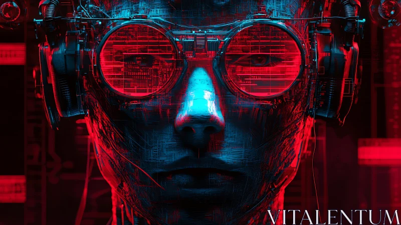 Cyborg face with visor and headset in red blue lighting.