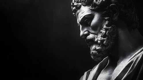 Marble bust of bearded man in dramatic side lighting.