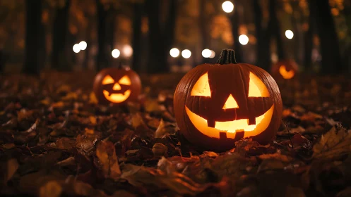 Glowing jack o lanterns light autumn forest floor at dusk.