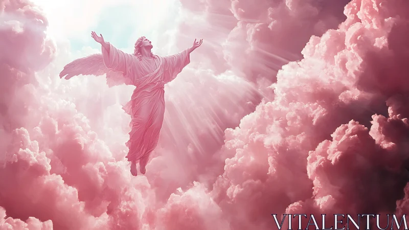 Radiant angel ascends through glowing pink celestial clouds.
