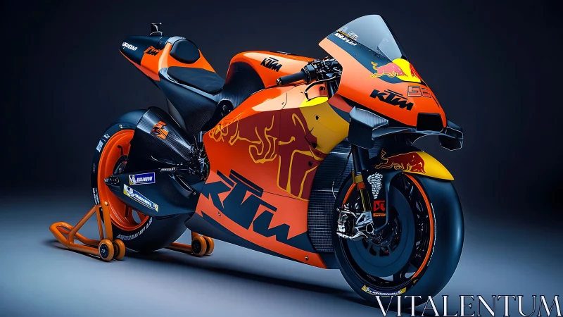 KTM Red Bull racing motorcycle in studio side-front view.