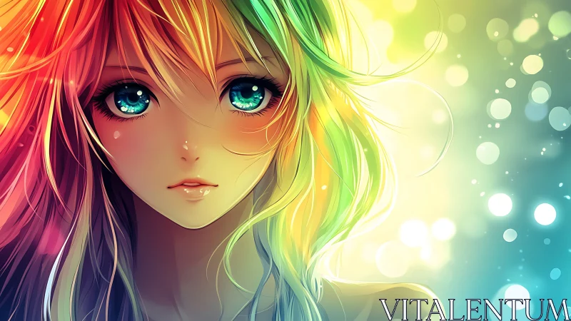 Iridescent anime portrait in luminous bokeh field composition.