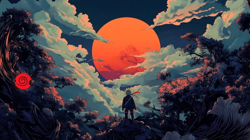 Lone ninja greets a burning sunset moon over stormy clouds.