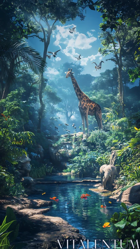 Giraffe and elephant at lush jungle river under bright sky.