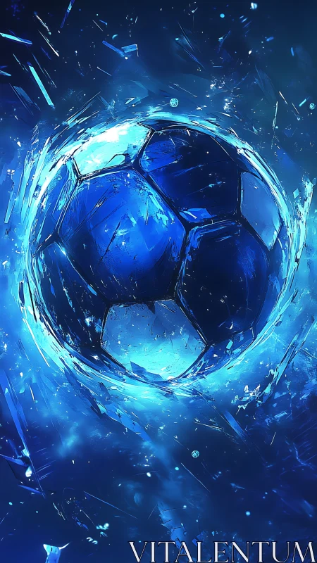 Digital painting of shattering blue energy soccer sphere.
