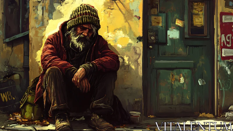 Elderly homeless man resting against weathered urban doorway