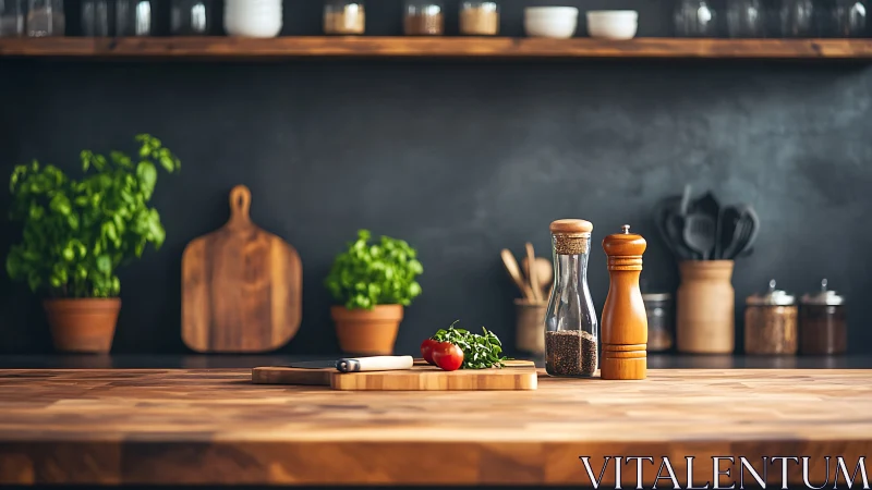 Wooden kitchen workstation shows herbs, spices and prep layout