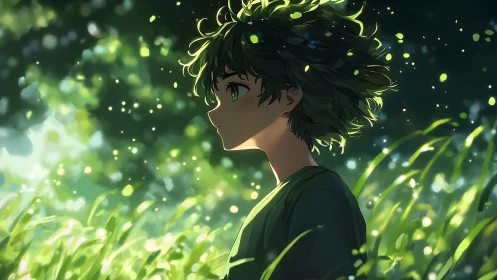Anime boy in side profile stands in glowing green meadow