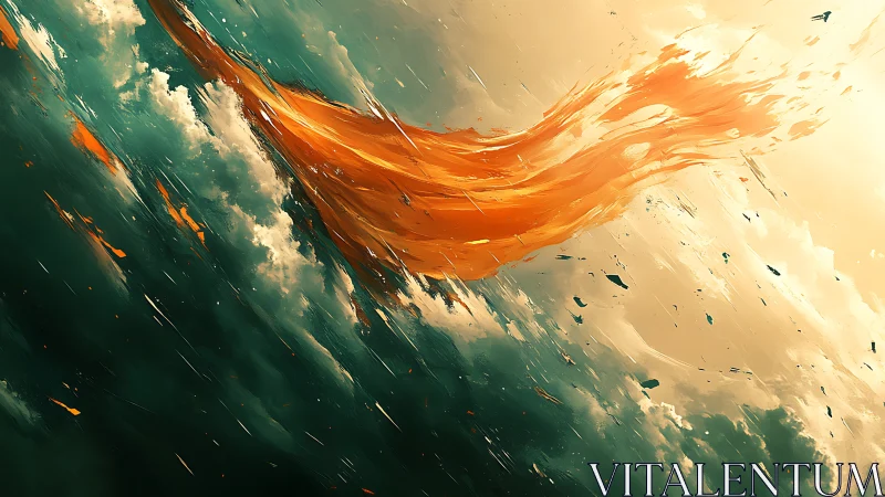 Orange energy ribbon cuts diagonally through turbulent sky