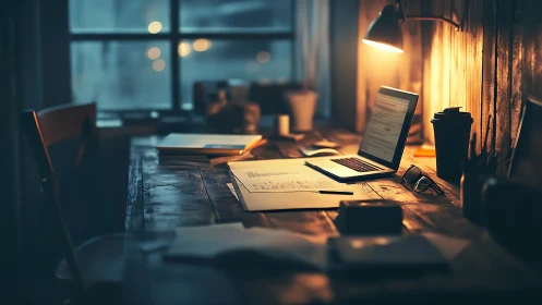 Warm low key workstation with laptop, drafts, and lamplight glow.