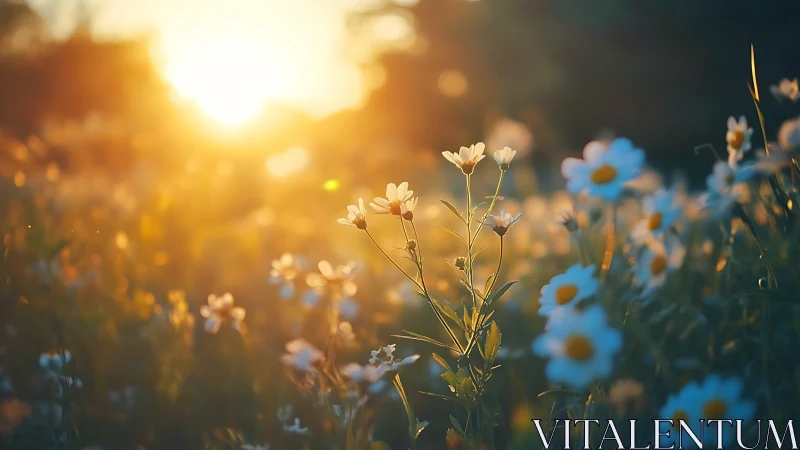 Soft sunrise glow over wild daisies in gentle meadow light.